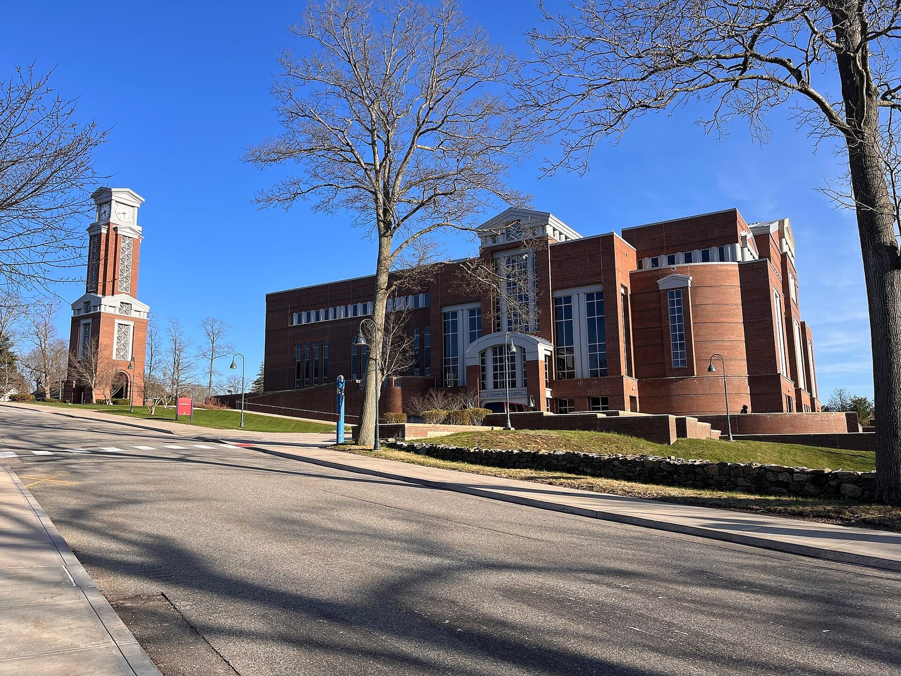 ECSU clock tower and library, 2022-4-12 (photograph from the Wikimedia Commons category Eastern Connecticut State University)